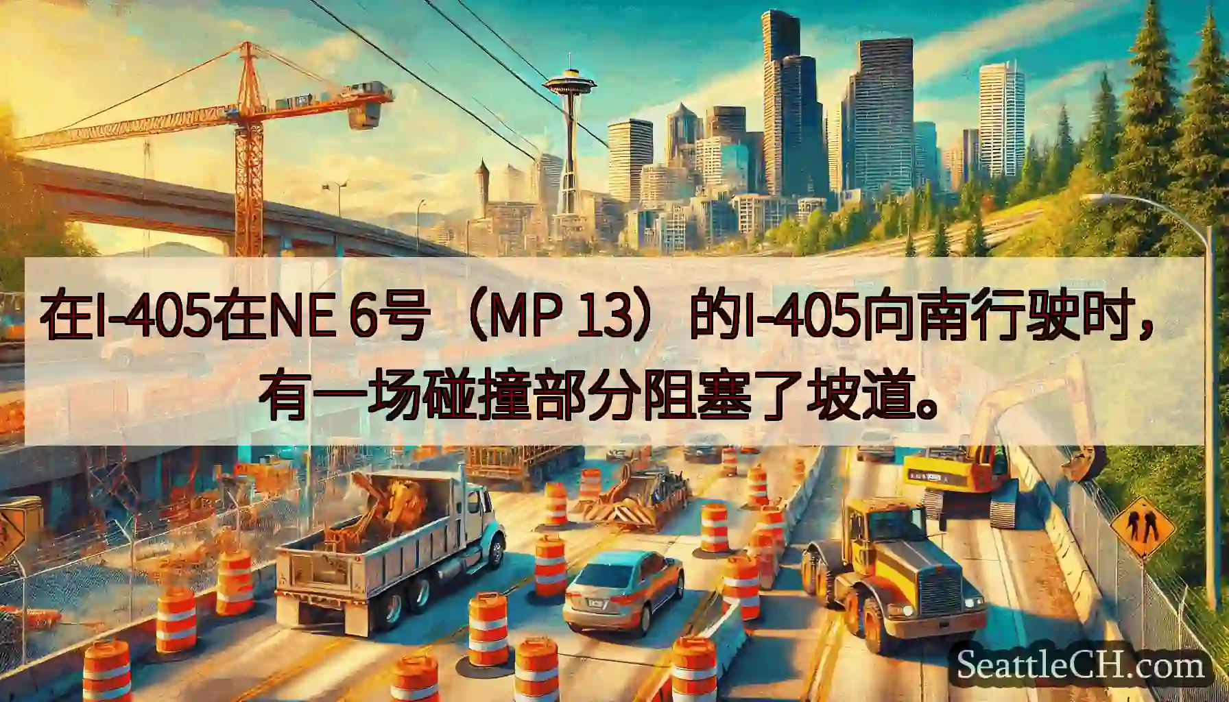 在I-405在NE 6号（MP 13）的I-405向南行驶时，有一场碰撞部分阻塞了坡道。