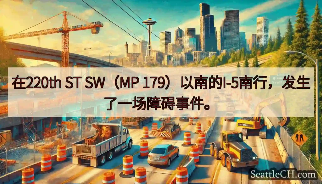 在220th ST SW（MP 179）以南的I-5南行，发生了一场障碍事件。