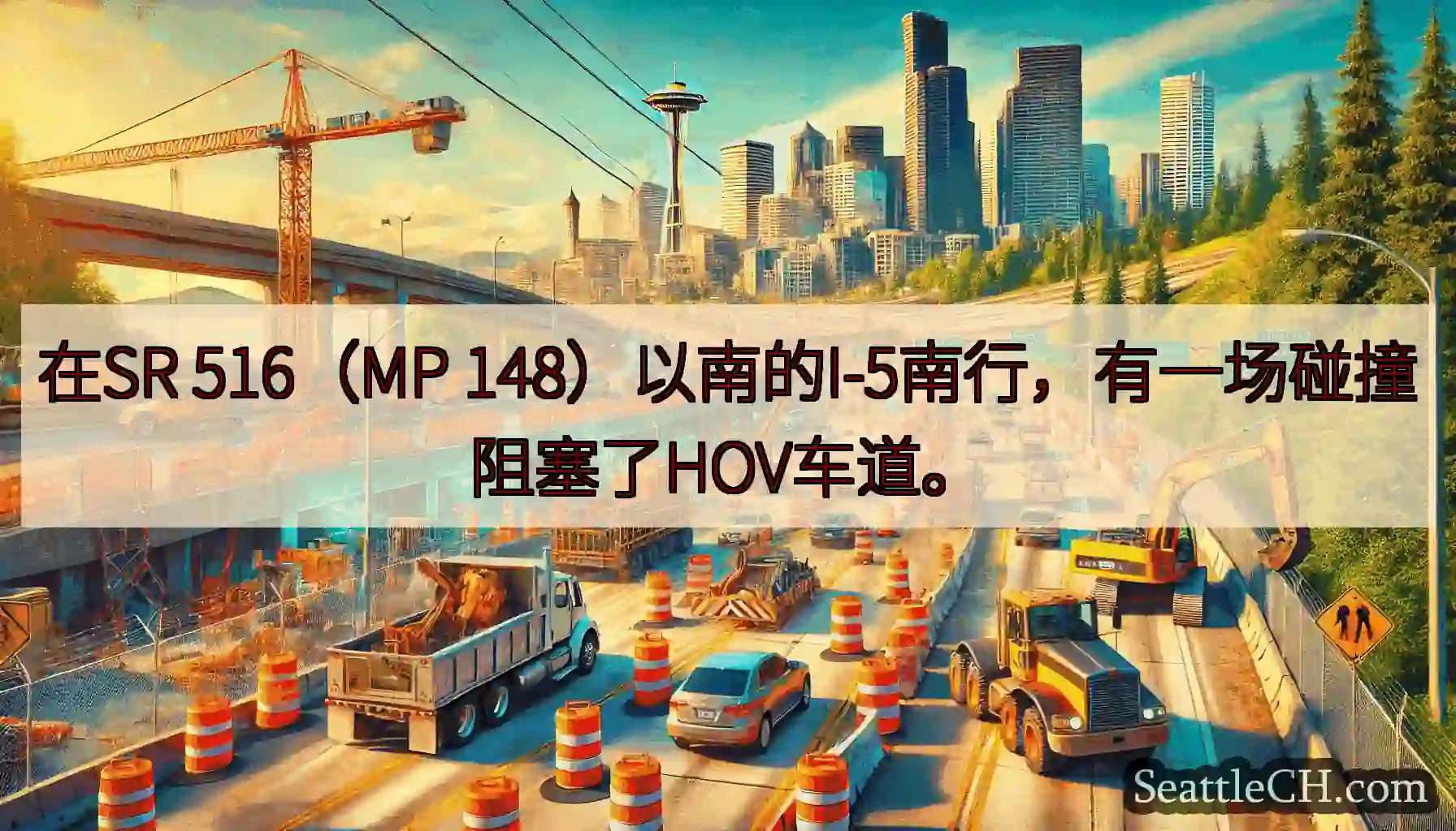 在SR 516（MP 148）以南的I-5南行，有一场碰撞阻塞了HOV车道。