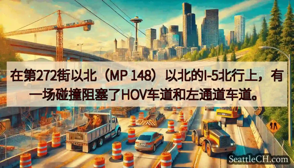 在第272街以北（MP 148）以北的I-5北行上，有一场碰撞阻塞了HOV车道和左通道车道。