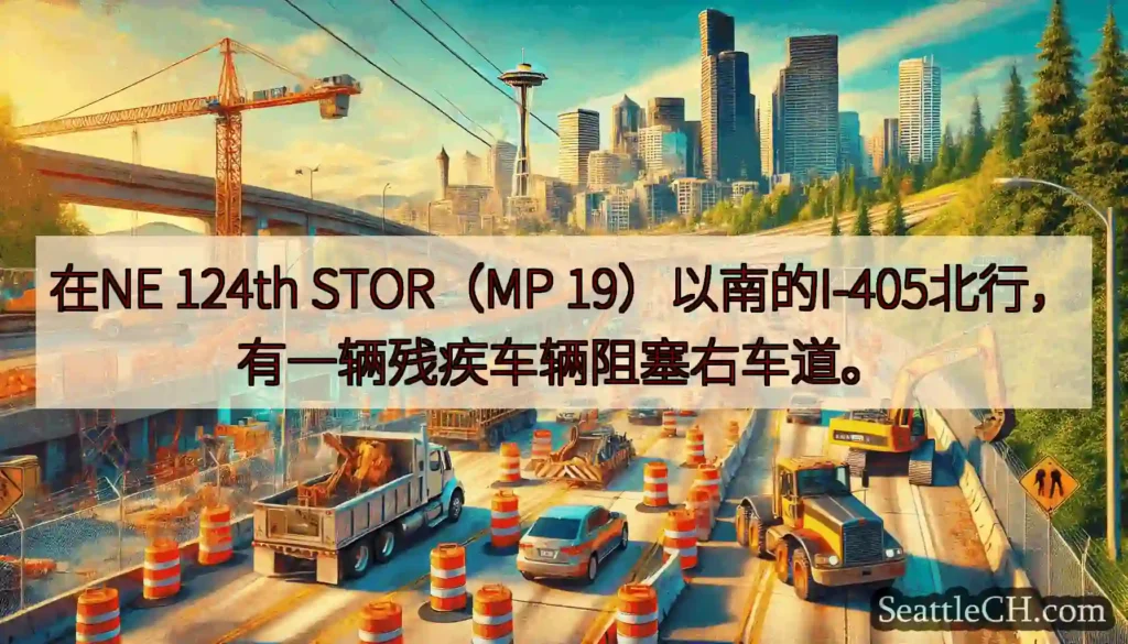 在NE 124th STOR（MP 19）以南的I-405北行，有一辆残疾车辆阻塞右车道。