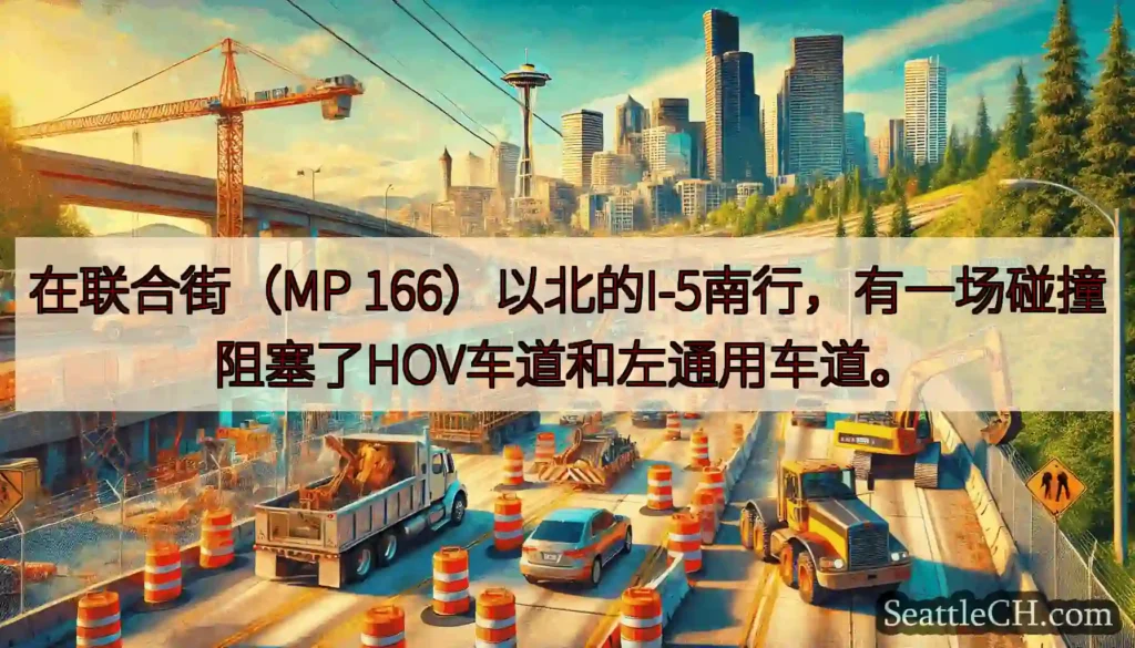 在联合街（MP 166）以北的I-5南行，有一场碰撞阻塞了HOV车道和左通用车道。
