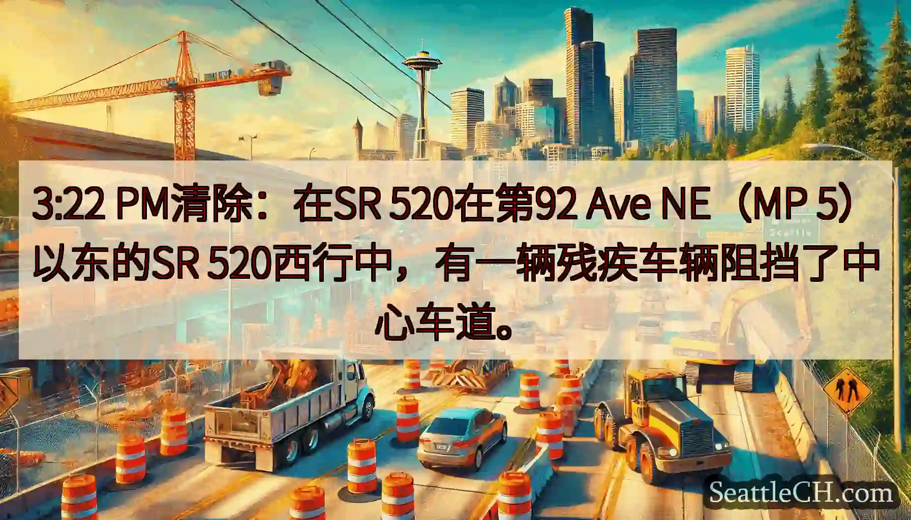 3:22 PM清除：在SR 520在第92 Ave NE（MP 5）以东的SR