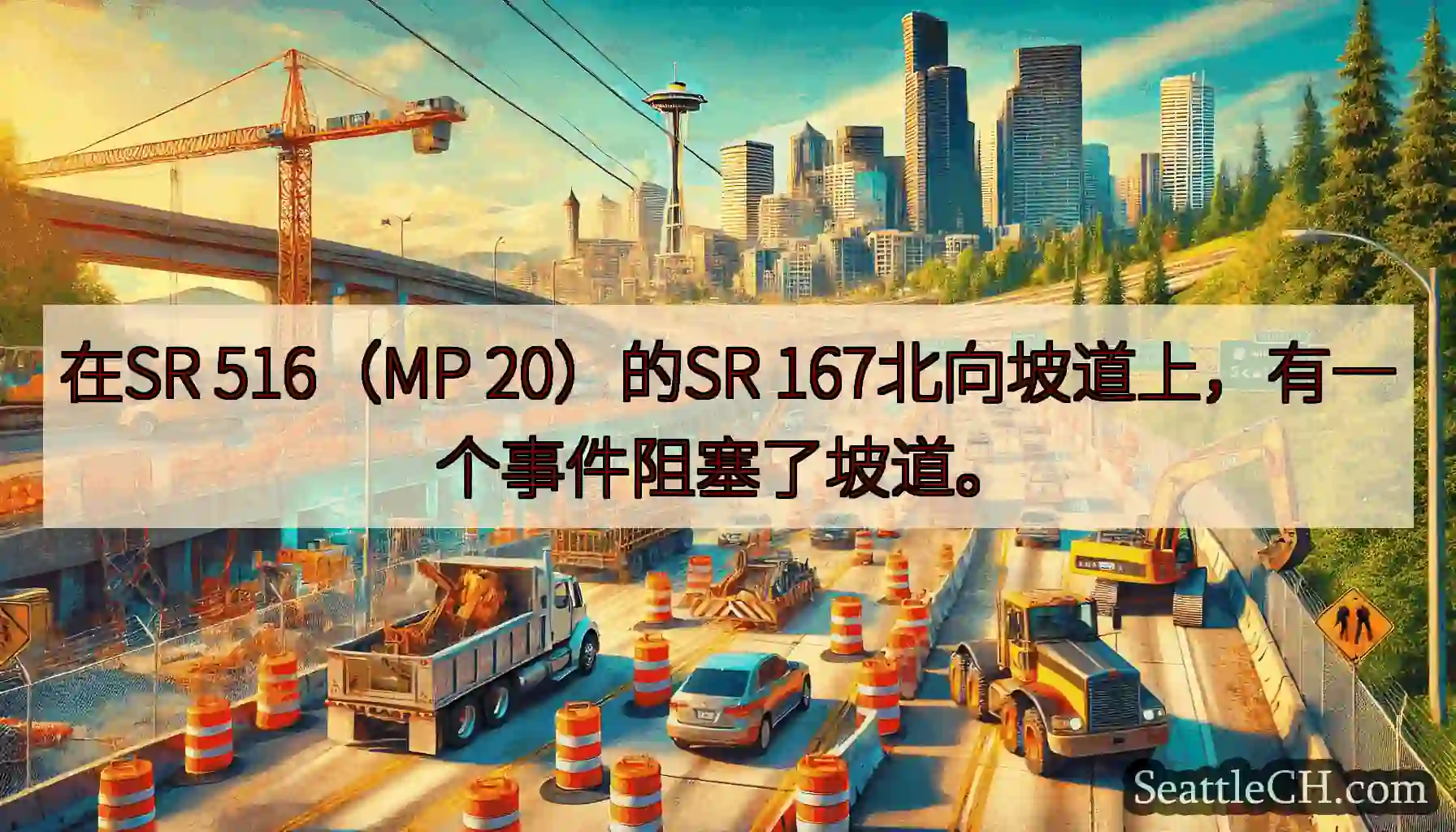 在SR 516（MP 20）的SR 167北向坡道上，有一个事件阻塞了坡道。
