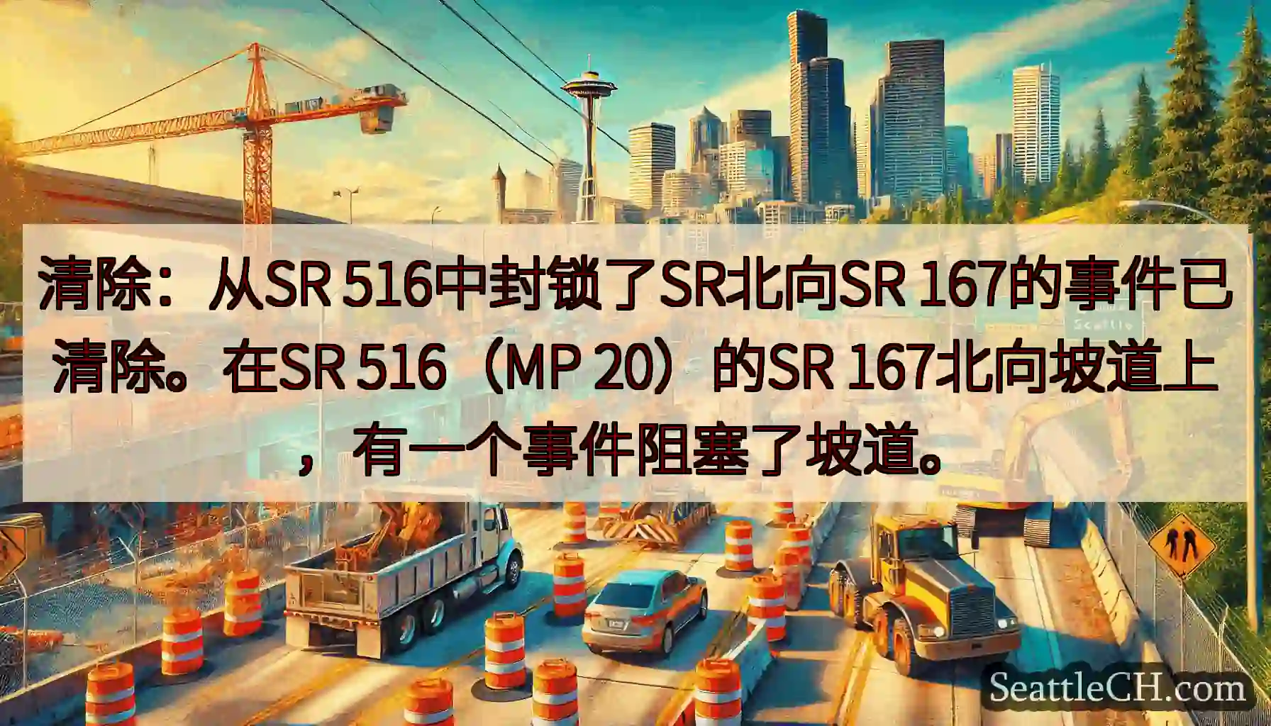 清除：从SR 516中封锁了SR北向SR 167的事件已清除。在SR 516（MP 20）的SR