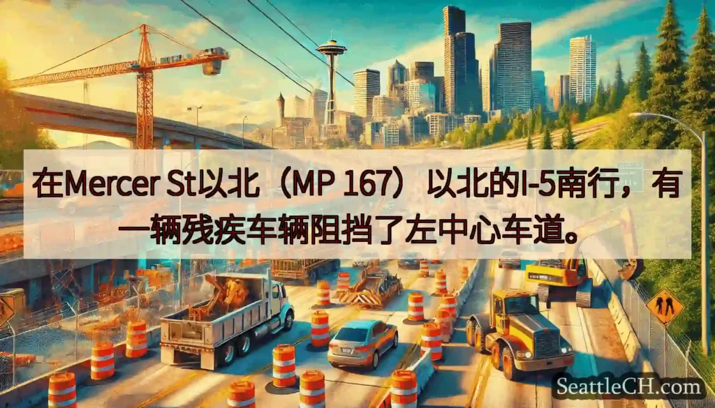 在Mercer St以北（MP 167）以北的I-5南行，有一辆残疾车辆阻挡了左中心车道。