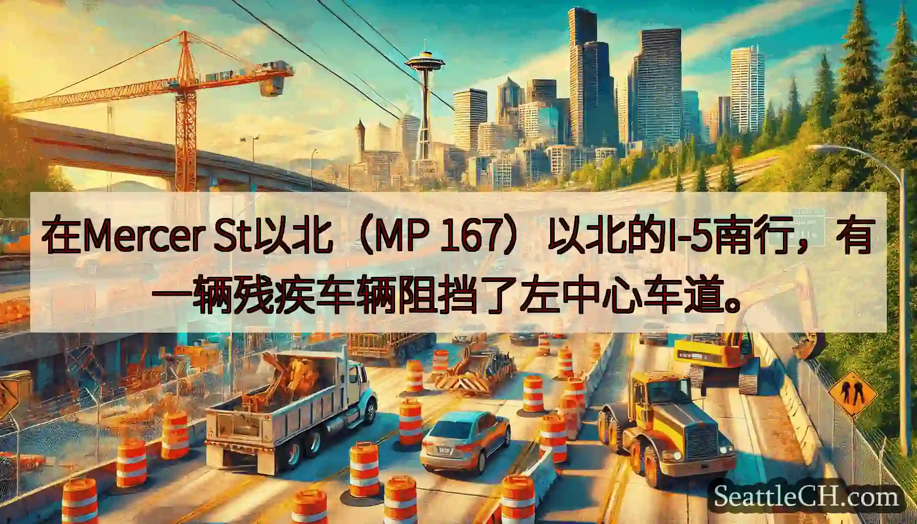 在Mercer St以北（MP 167）以北的I-5南行，有一辆残疾车辆阻挡了左中心车道。