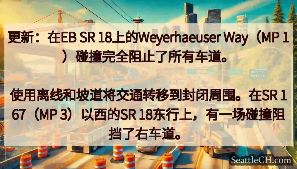 更新：在EB SR 18上的Weyerhaeuser Way（MP 1）碰撞完全阻止了所有车道。