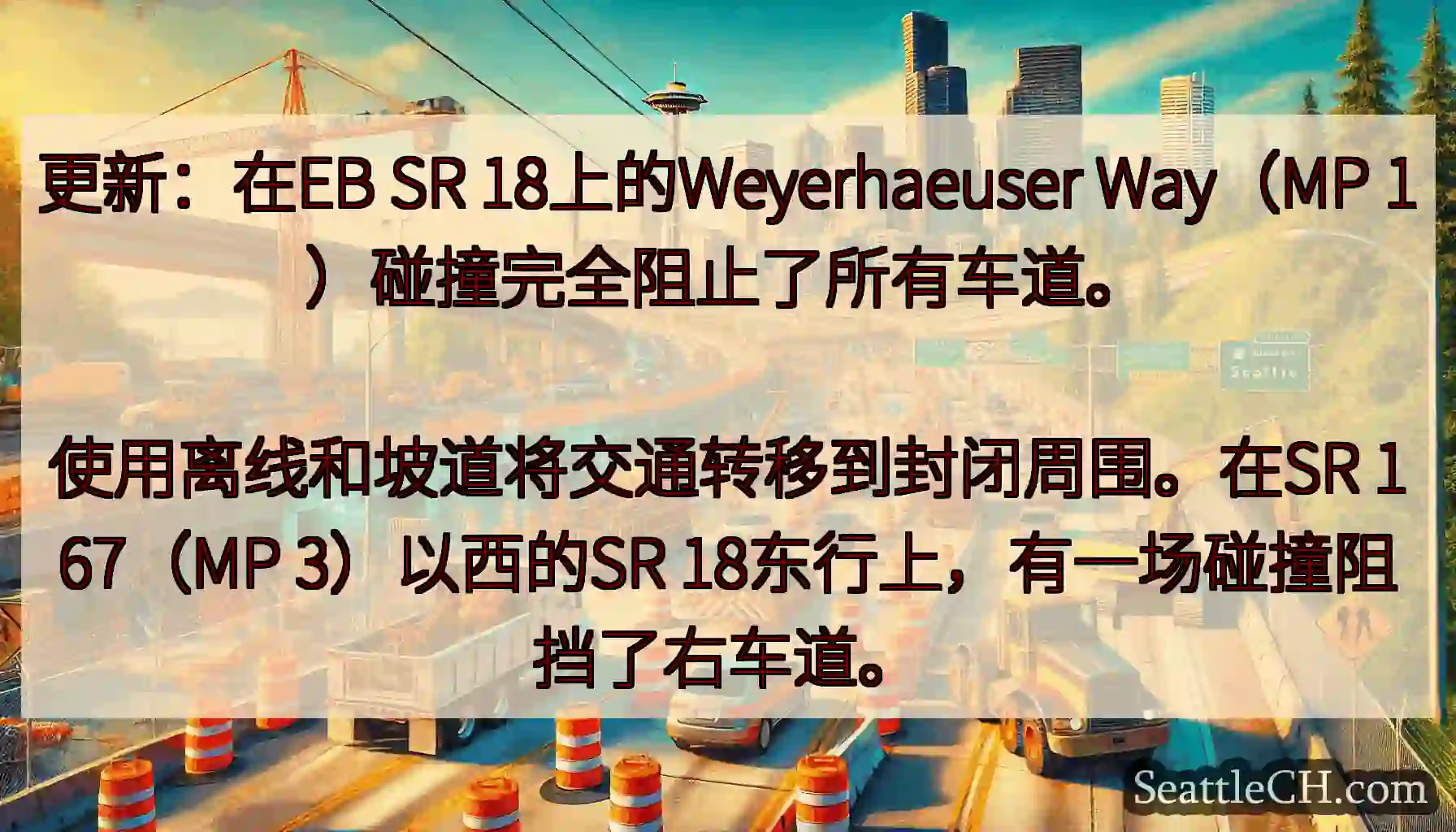 更新：在EB SR 18上的Weyerhaeuser Way（MP 1）碰撞完全阻止了所有车道。