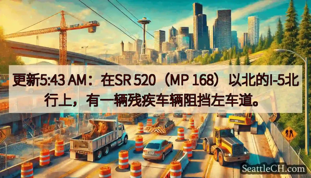 更新5:43 AM：在SR 520（MP 168）以北的I-5北行上，有一辆残疾车辆阻挡左车道。