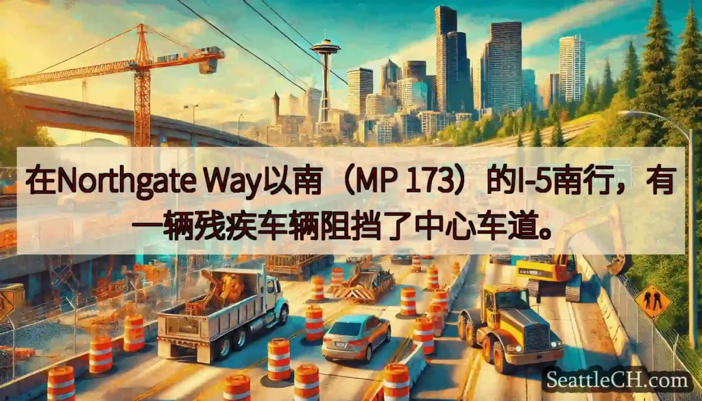 在Northgate Way以南（MP 173）的I-5南行，有一辆残疾车辆阻挡了中心车道。