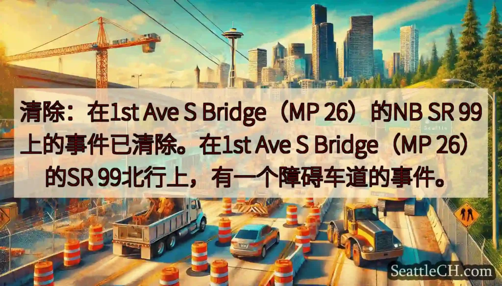 清除：在1st Ave S Bridge（MP 26）的NB SR 99上的事件已清除。在1st