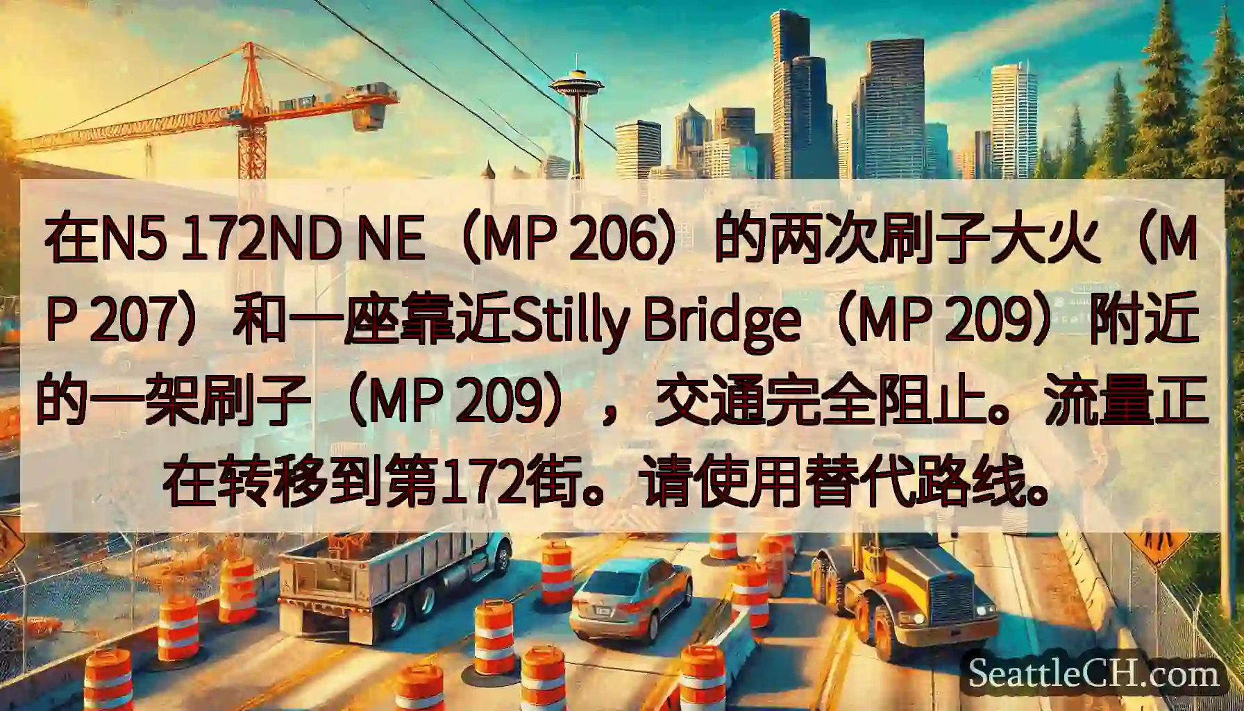 在N5 172ND NE（MP 206）的两次刷子大火（MP 207）和一座靠近Stilly