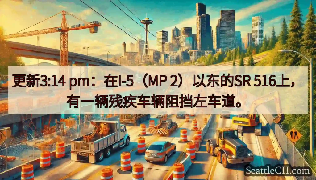 更新3:14 pm：在I-5（MP 2）以东的SR 516上，有一辆残疾车辆阻挡左车道。