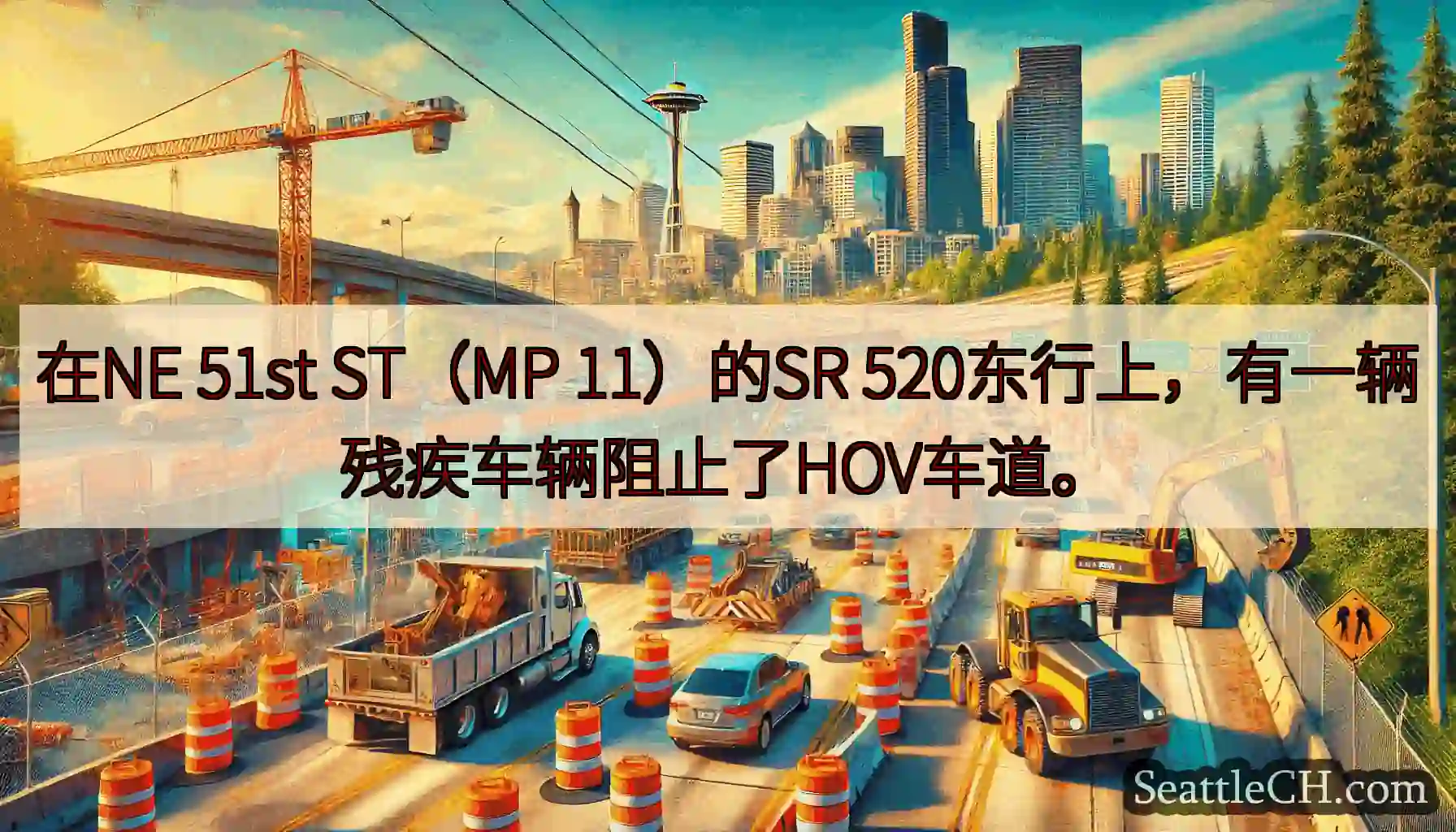 在NE 51st ST（MP 11）的SR 520东行上，有一辆残疾车辆阻止了HOV车道。