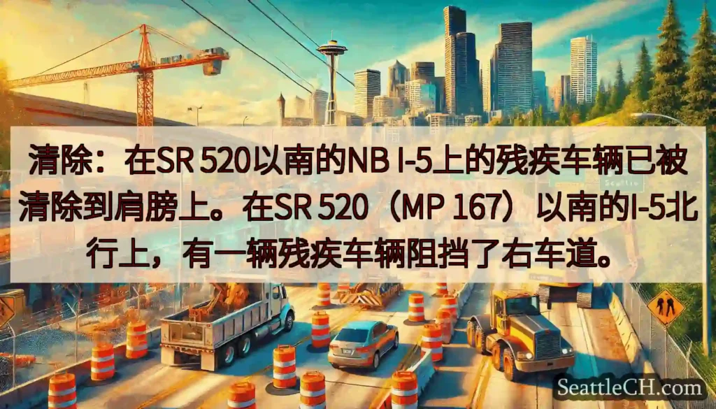 清除：在SR 520以南的NB I-5上的残疾车辆已被清除到肩膀上。在SR 520（MP