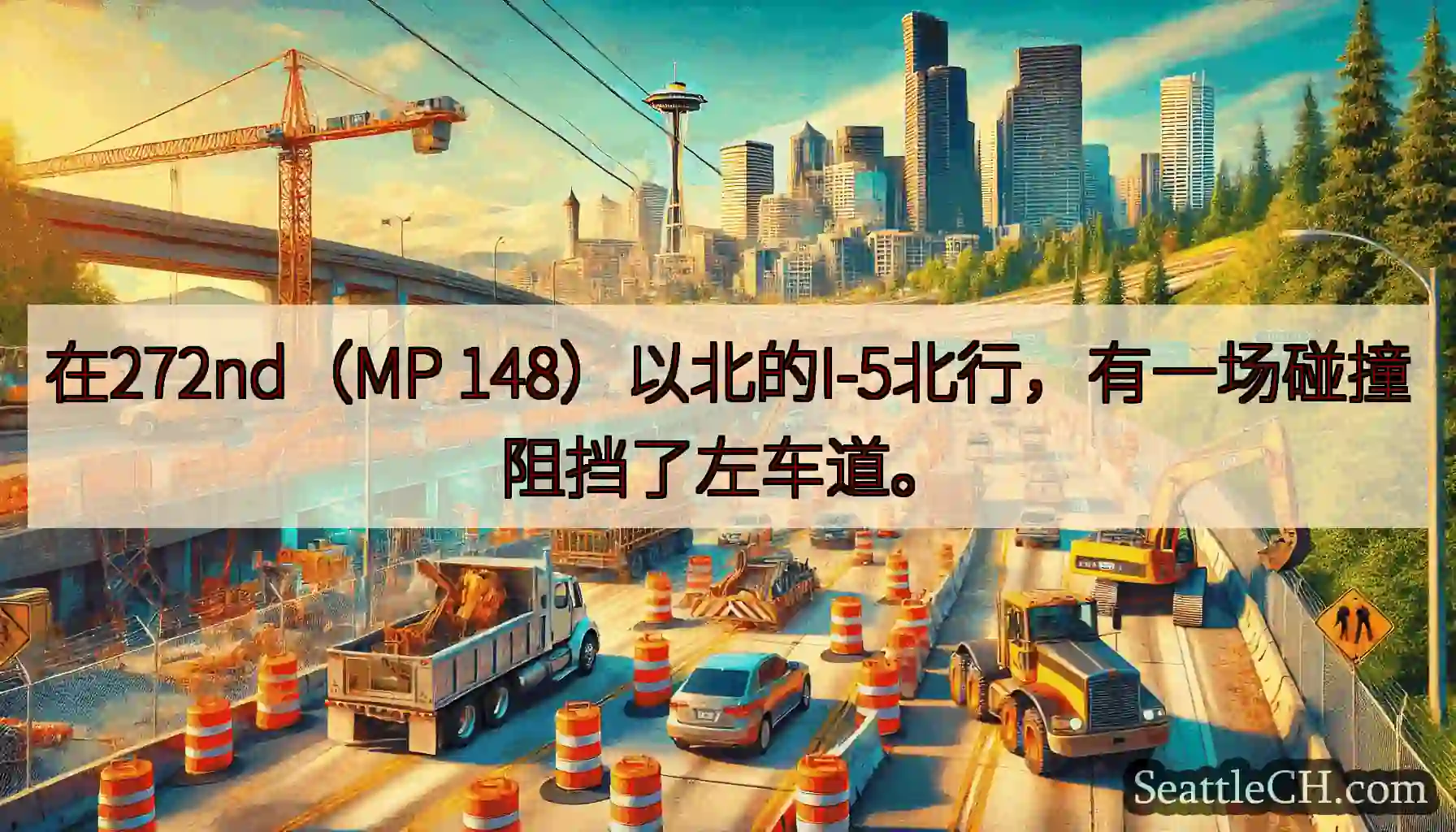 在272nd（MP 148）以北的I-5北行，有一场碰撞阻挡了左车道。