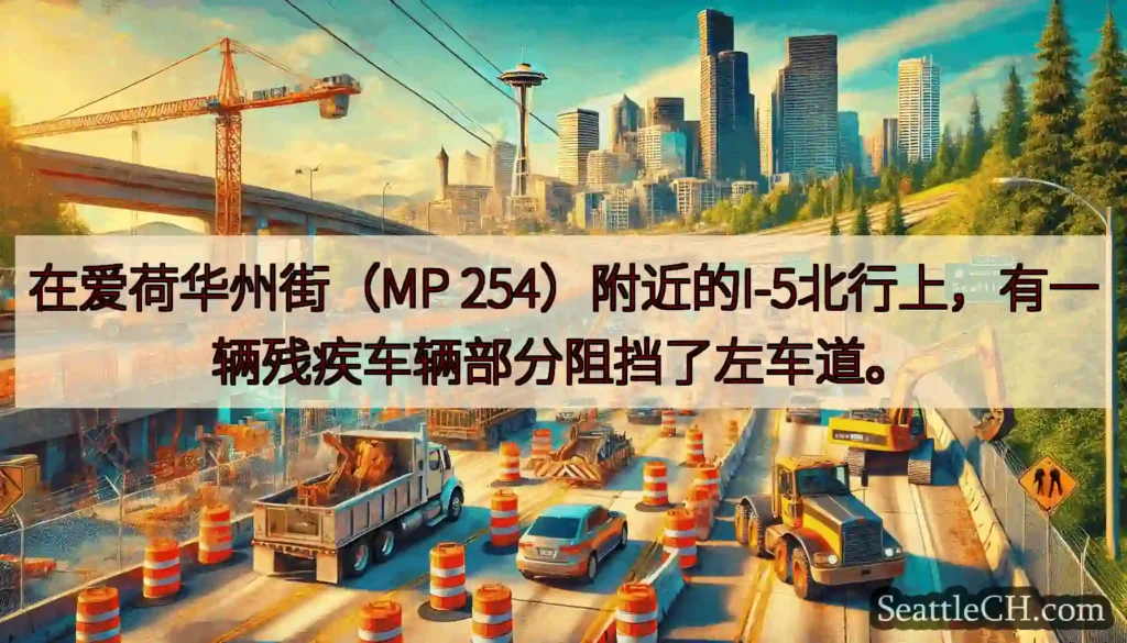 在爱荷华州街（MP 254）附近的I-5北行上，有一辆残疾车辆部分阻挡了左车道。