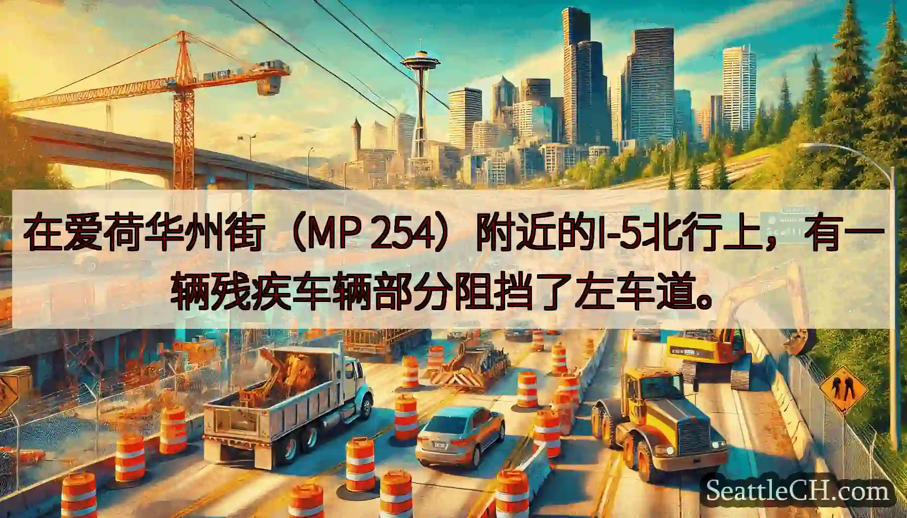 在爱荷华州街（MP 254）附近的I-5北行上，有一辆残疾车辆部分阻挡了左车道。