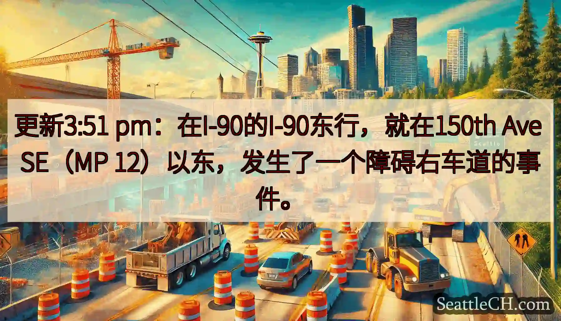 更新3:51 pm：在I-90的I-90东行，就在150th Ave SE（MP