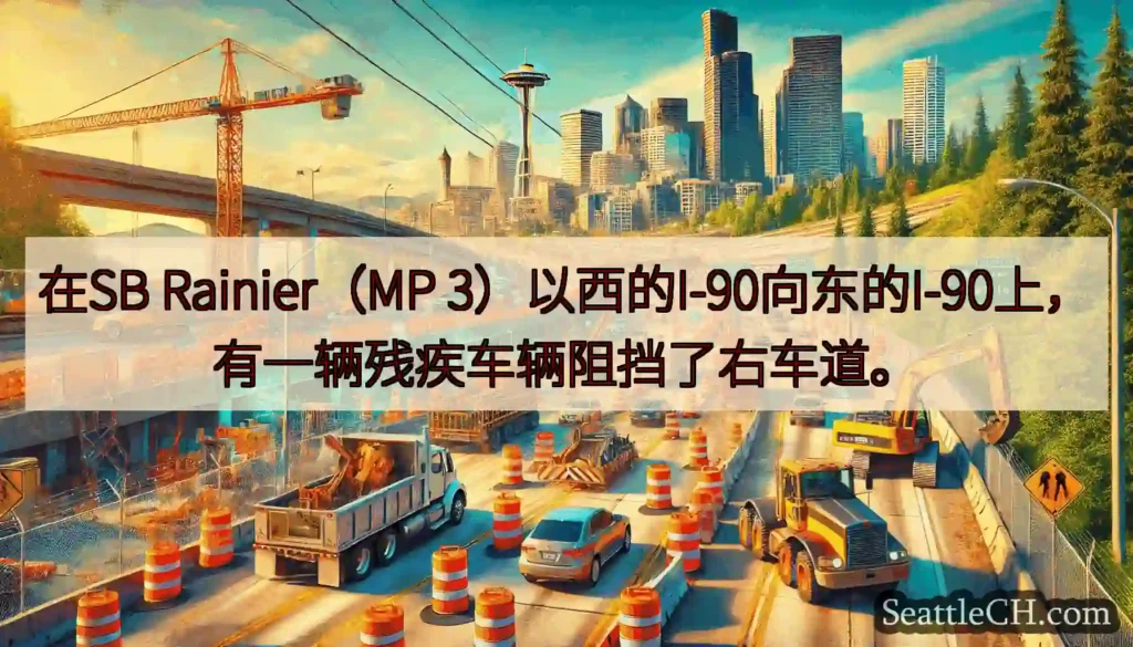在SB Rainier（MP 3）以西的I-90向东的I-90上，有一辆残疾车辆阻挡了右车道。