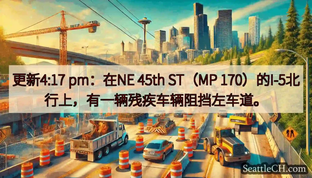 更新4:17 pm：在NE 45th ST（MP 170）的I-5北行上，有一辆残疾车辆阻挡左车道。