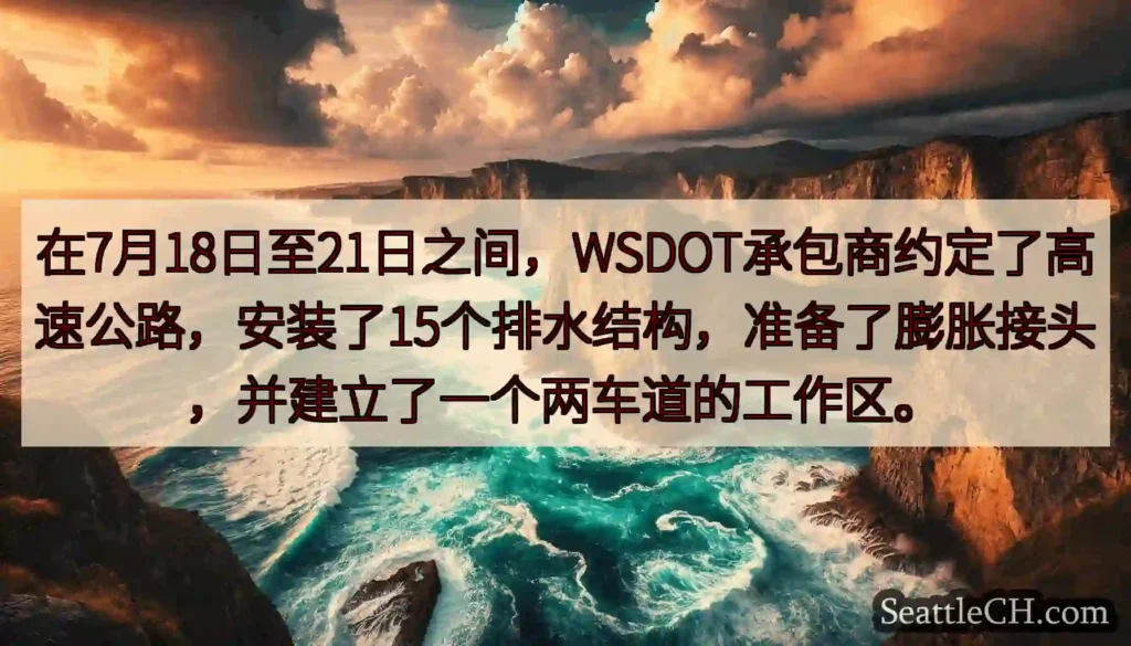 在7月18日至21日之间，WSDOT承包商约定了高速公路，安装了15个排水结构，准备了膨胀接头，并建