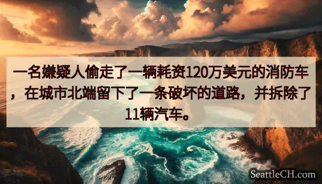 一名嫌疑人偷走了一辆耗资120万美元的消防车，在城市北端留下了一条破坏的道路，并拆除了11辆汽车。