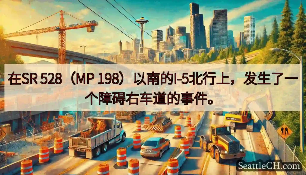 在SR 528（MP 198）以南的I-5北行上，发生了一个障碍右车道的事件。