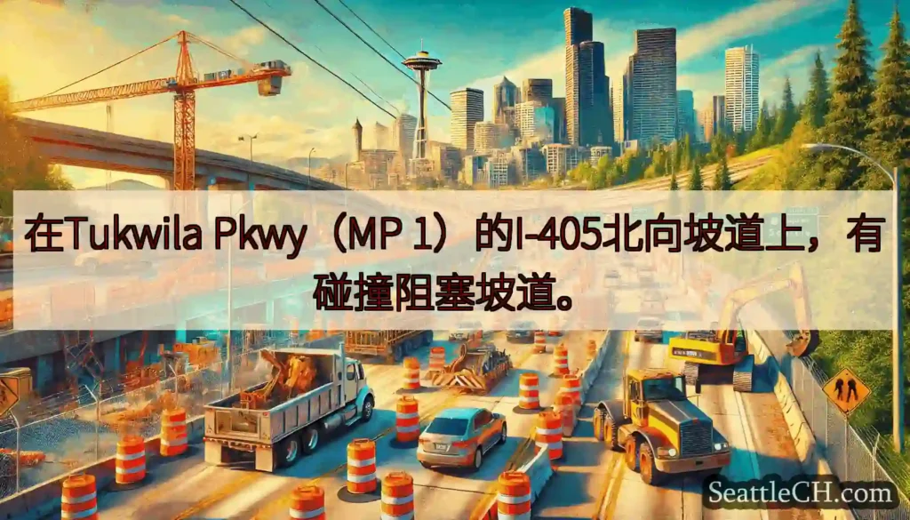 在Tukwila Pkwy（MP 1）的I-405北向坡道上，有碰撞阻塞坡道。