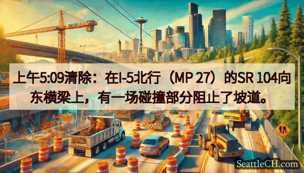 上午5:09清除：在I-5北行（MP 27）的SR 104向东横梁上，有一场碰撞部分阻止了坡道。
