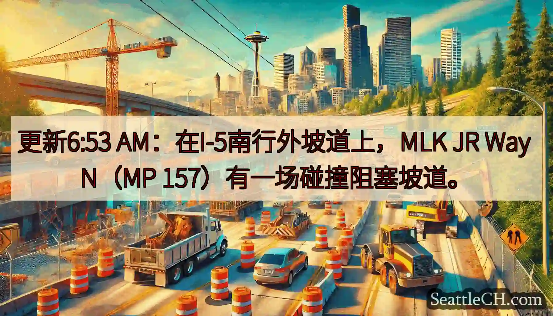 更新6:53 AM：在I-5南行外坡道上，MLK JR Way N（MP