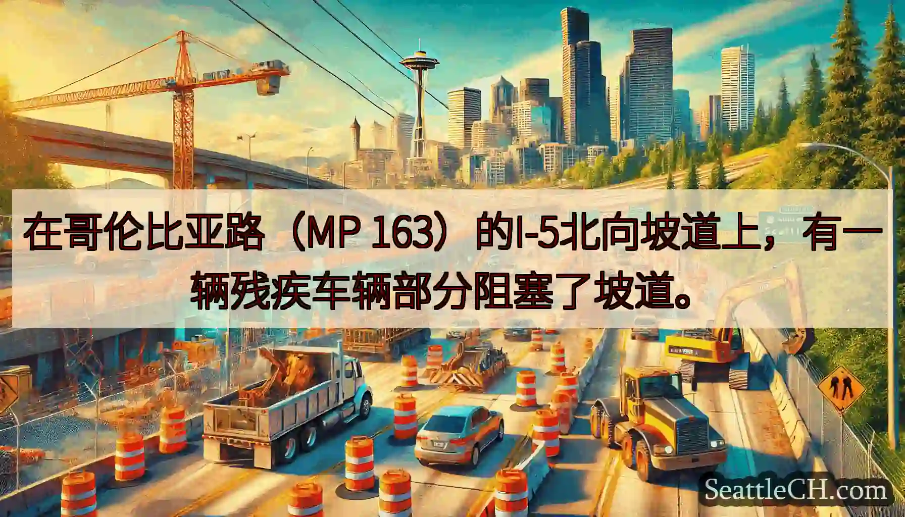 在哥伦比亚路（MP 163）的I-5北向坡道上，有一辆残疾车辆部分阻塞了坡道。