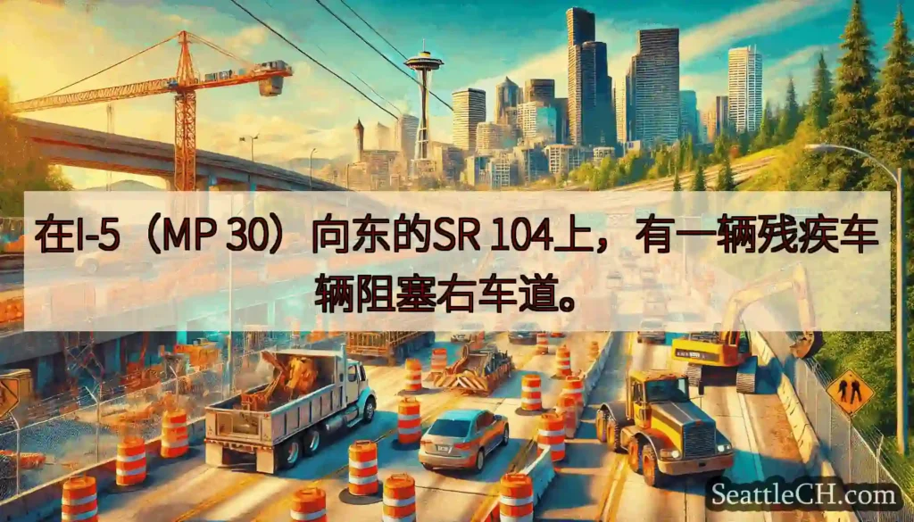 在I-5（MP 30）向东的SR 104上，有一辆残疾车辆阻塞右车道。