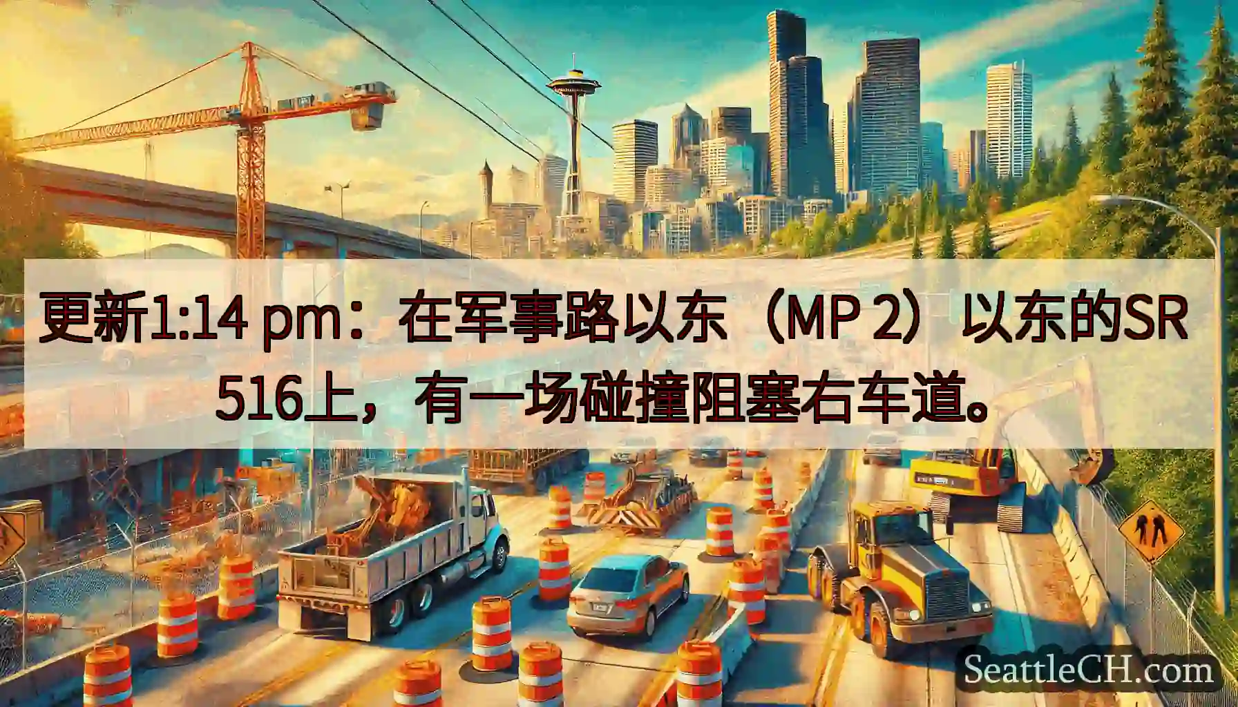 更新1:14 pm：在军事路以东（MP 2）以东的SR 516上，有一场碰撞阻塞右车道。