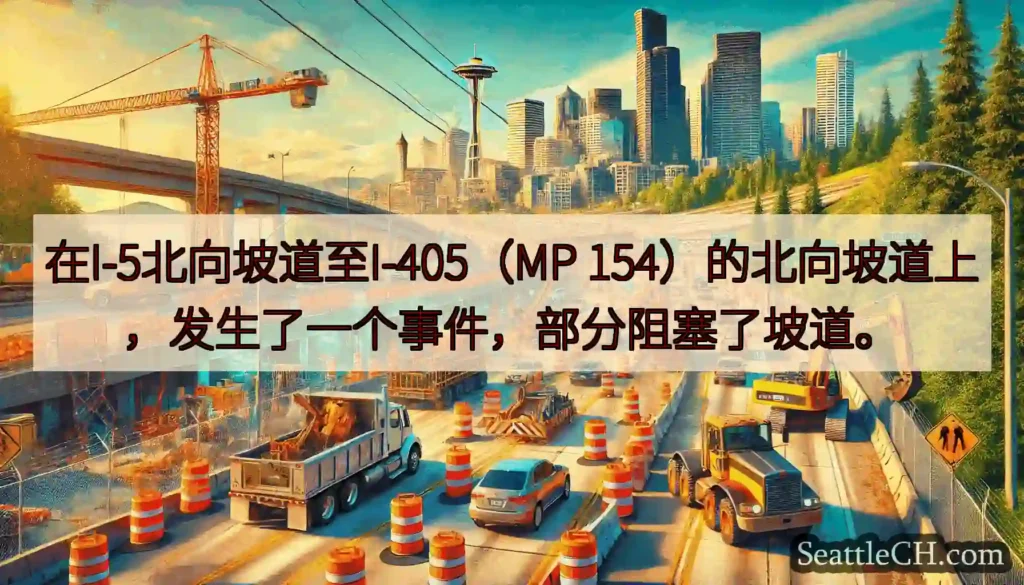 在I-5北向坡道至I-405（MP 154）的北向坡道上，发生了一个事件，部分阻塞了坡道。