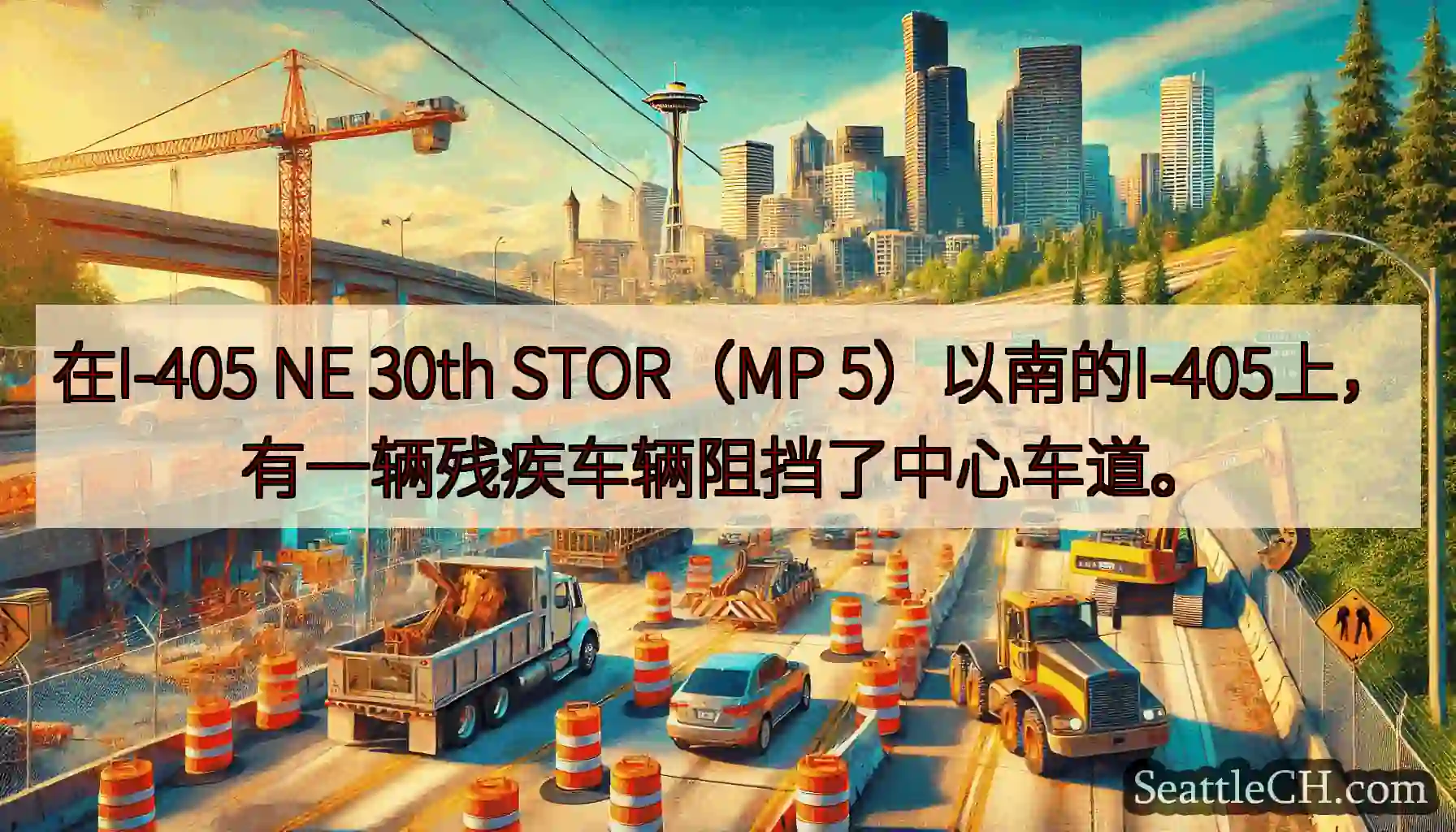 在I-405 NE 30th STOR（MP 5）以南的I-405上，有一辆残疾车辆阻挡了中心车道。