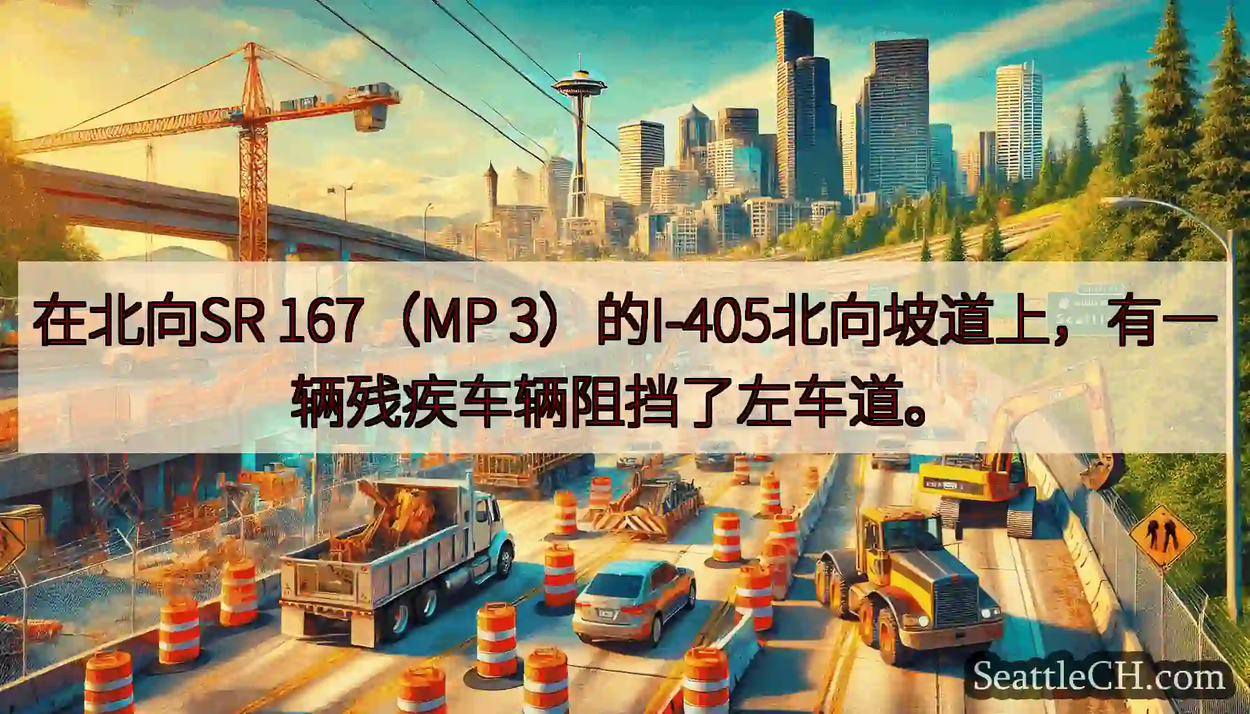 在北向SR 167（MP 3）的I-405北向坡道上，有一辆残疾车辆阻挡了左车道。