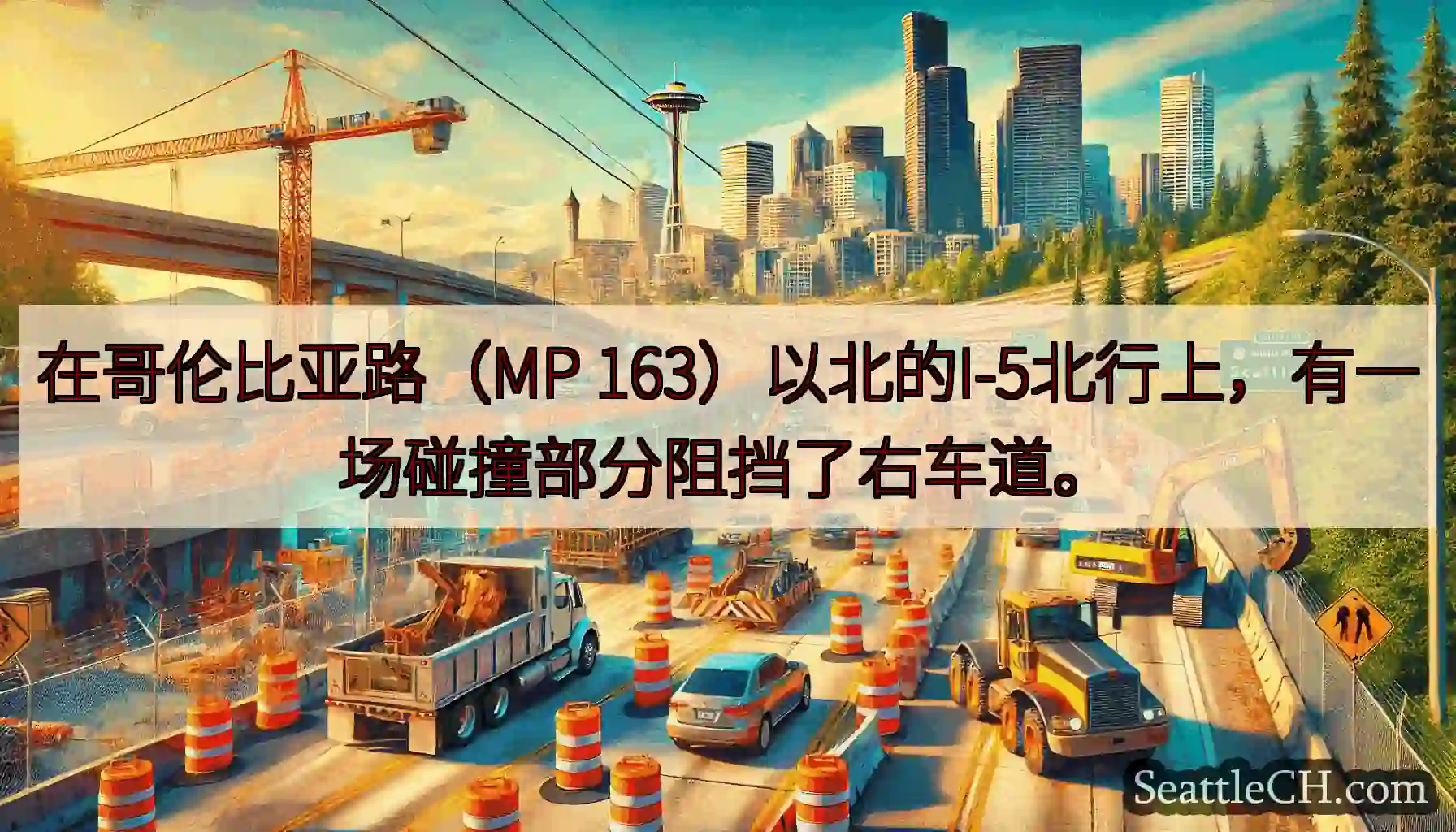 在哥伦比亚路（MP 163）以北的I-5北行上，有一场碰撞部分阻挡了右车道。