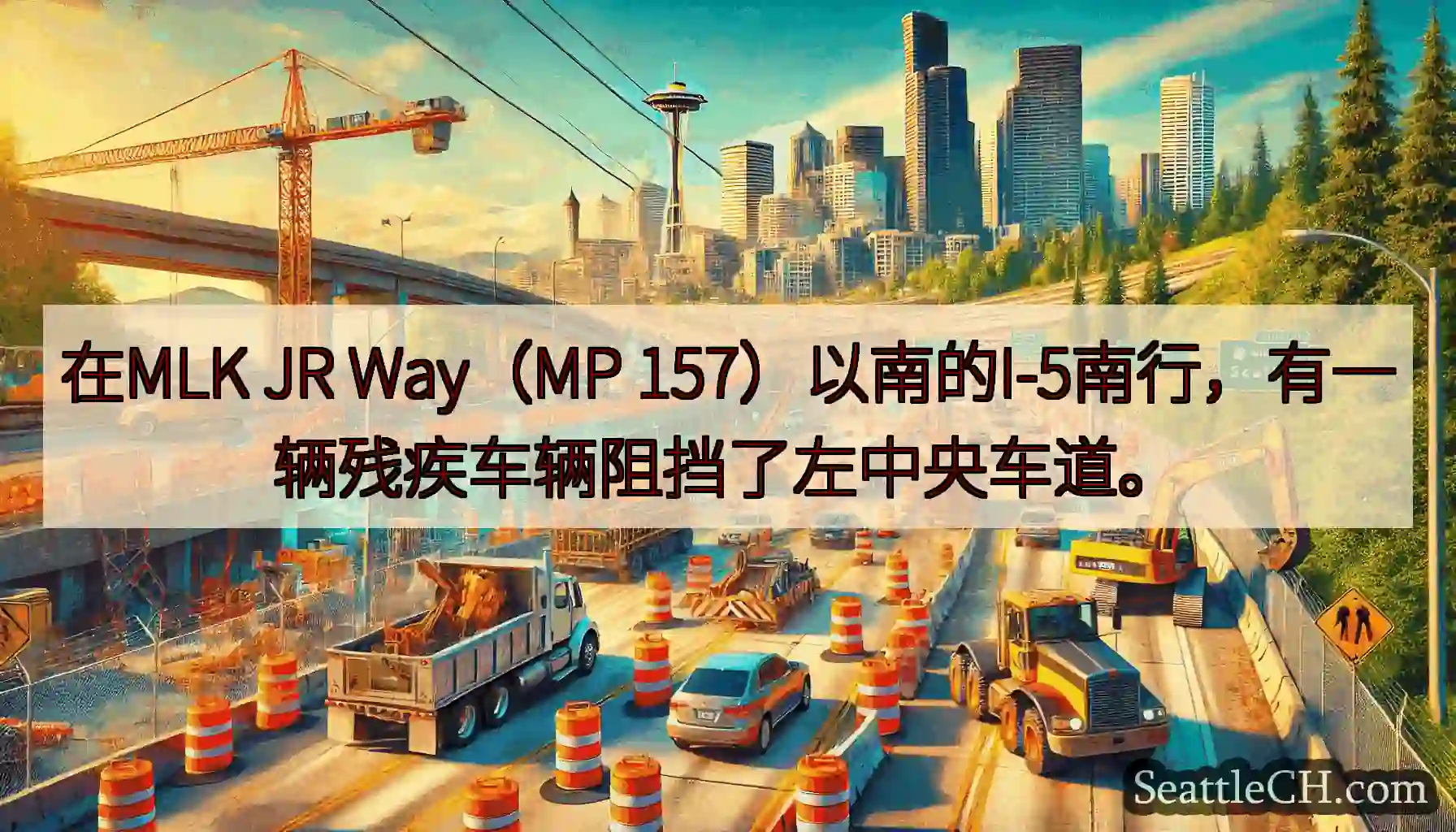 在MLK JR Way（MP 157）以南的I-5南行，有一辆残疾车辆阻挡了左中央车道。
