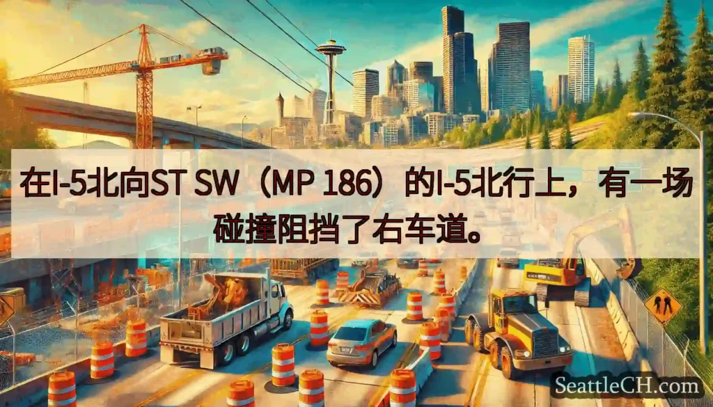 在I-5北向ST SW（MP 186）的I-5北行上，有一场碰撞阻挡了右车道。