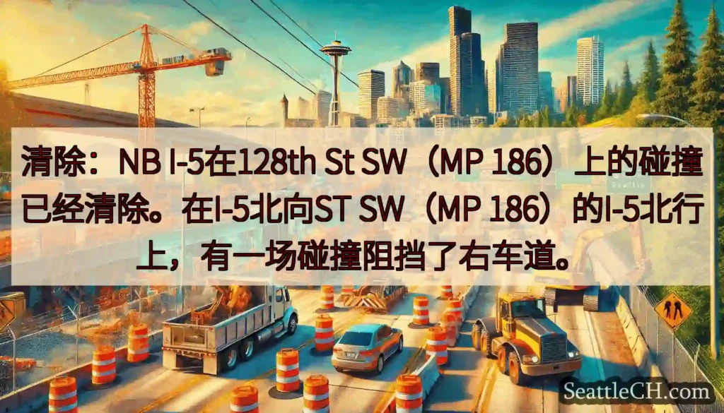 清除：NB I-5在128th St SW（MP 186）上的碰撞已经清除。在I-5北向ST