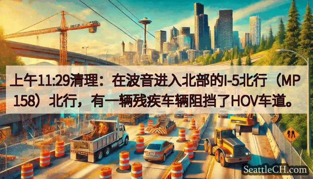 上午11:29清理：在波音进入北部的I-5北行（MP 158）北行，有一辆残疾车辆阻挡了HOV车道。