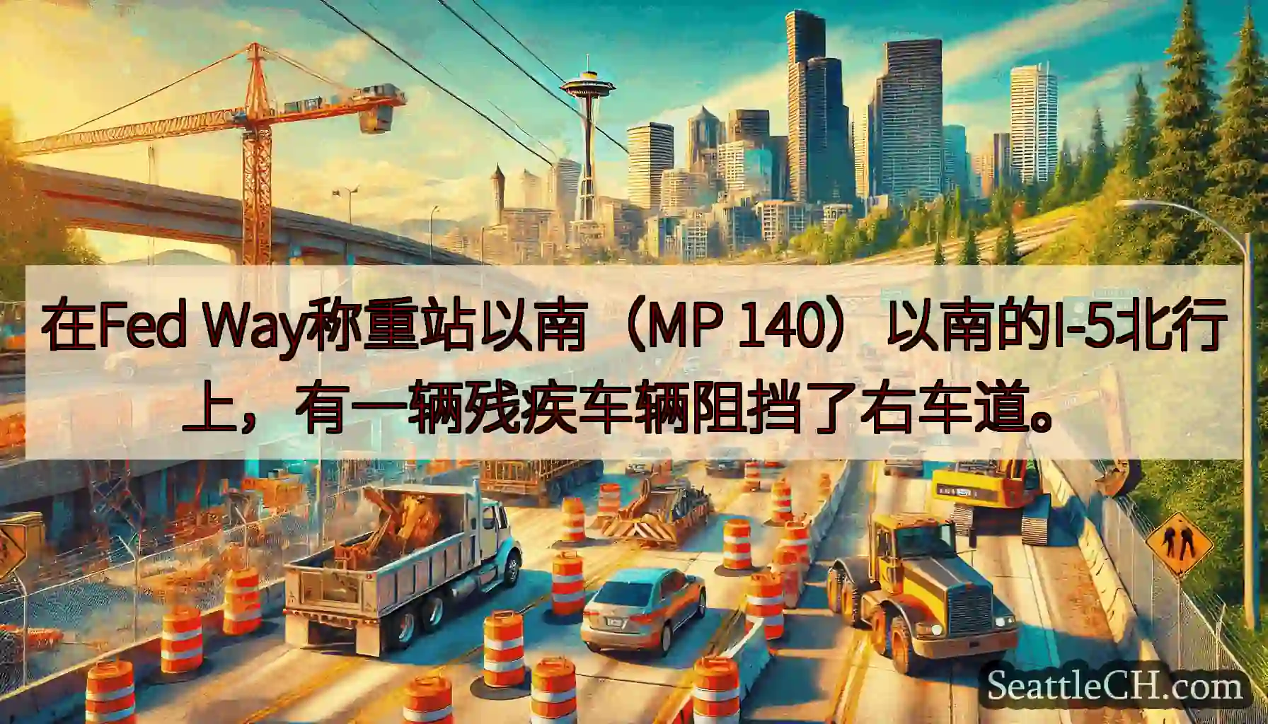 在Fed Way称重站以南（MP 140）以南的I-5北行上，有一辆残疾车辆阻挡了右车道。