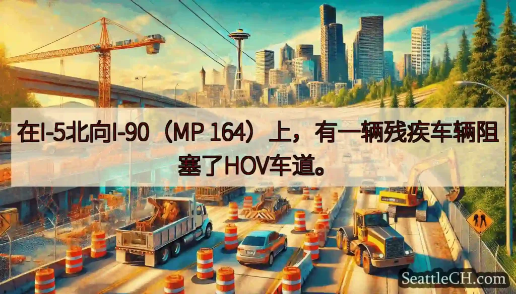 在I-5北向I-90（MP 164）上，有一辆残疾车辆阻塞了HOV车道。