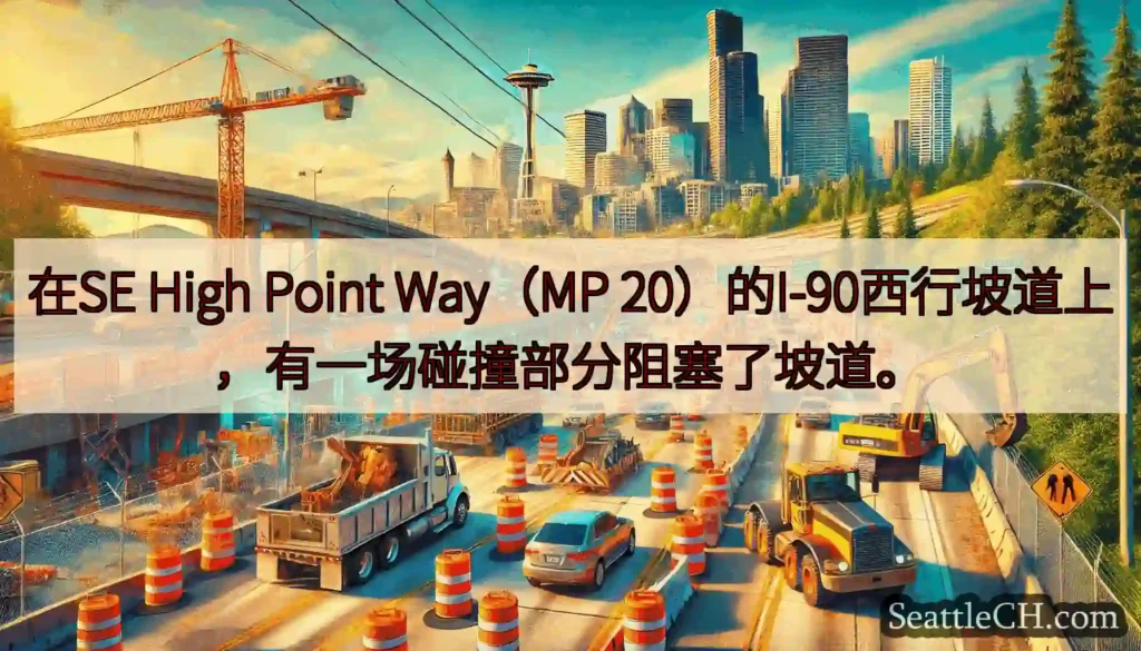 在SE High Point Way（MP 20）的I-90西行坡道上，有一场碰撞部分阻塞了坡道。