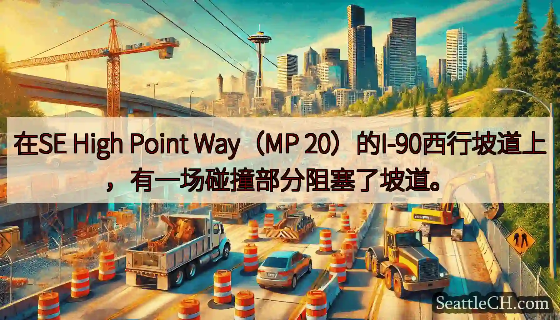 在SE High Point Way（MP 20）的I-90西行坡道上，有一场碰撞部分阻塞了坡道。