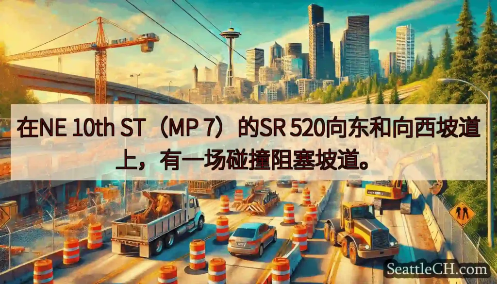 在NE 10th ST（MP 7）的SR 520向东和向西坡道上，有一场碰撞阻塞坡道。