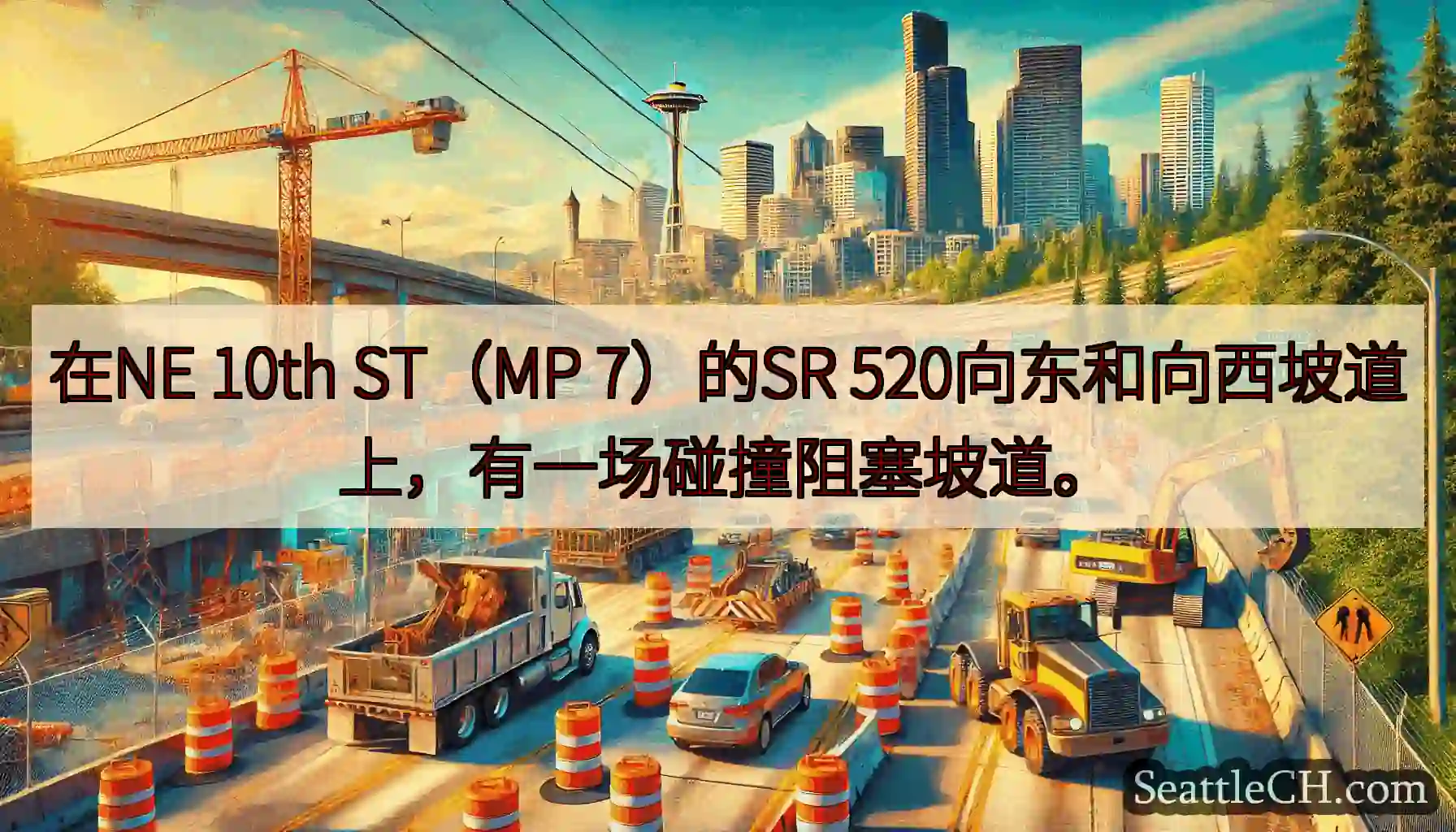 在NE 10th ST（MP 7）的SR 520向东和向西坡道上，有一场碰撞阻塞坡道。