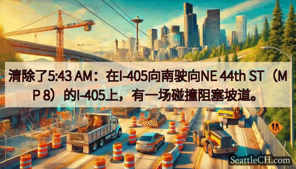 清除了5:43 AM：在I-405向南驶向NE 44th ST（MP